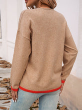 Devine Contrast Trim V-Neck Dropped Shoulder Sweater OutfitFlow